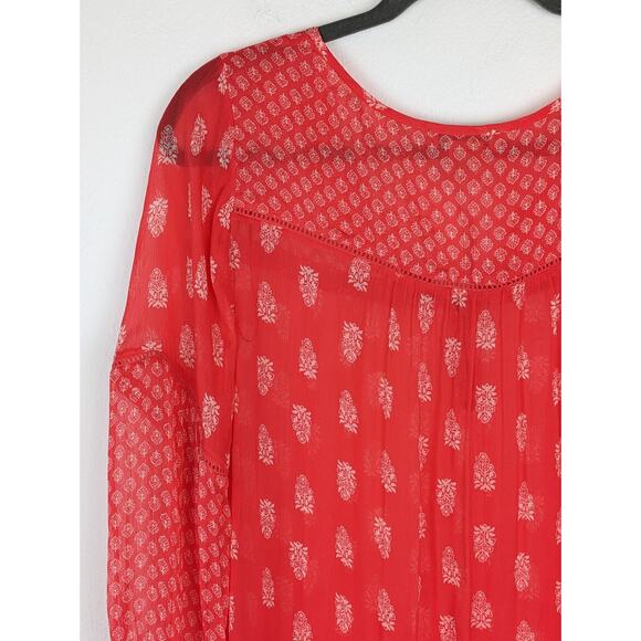 Lucky Brand Top Blouse Floral Sheer Boho Spring Summer Orange Red Size M - Picture 5 of 10